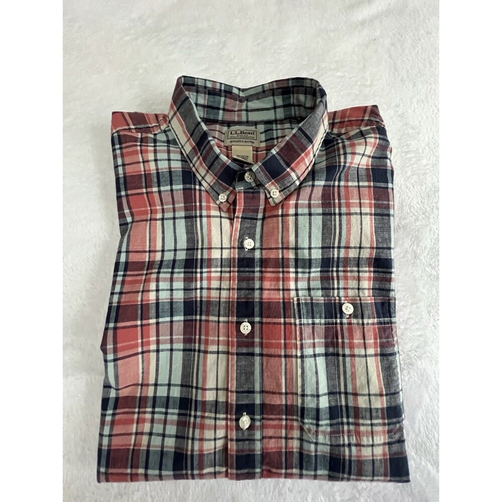 LL Bean Comfort Stretch Chambray Shirt Mens XLT Red Plaid Long Sleeve Button